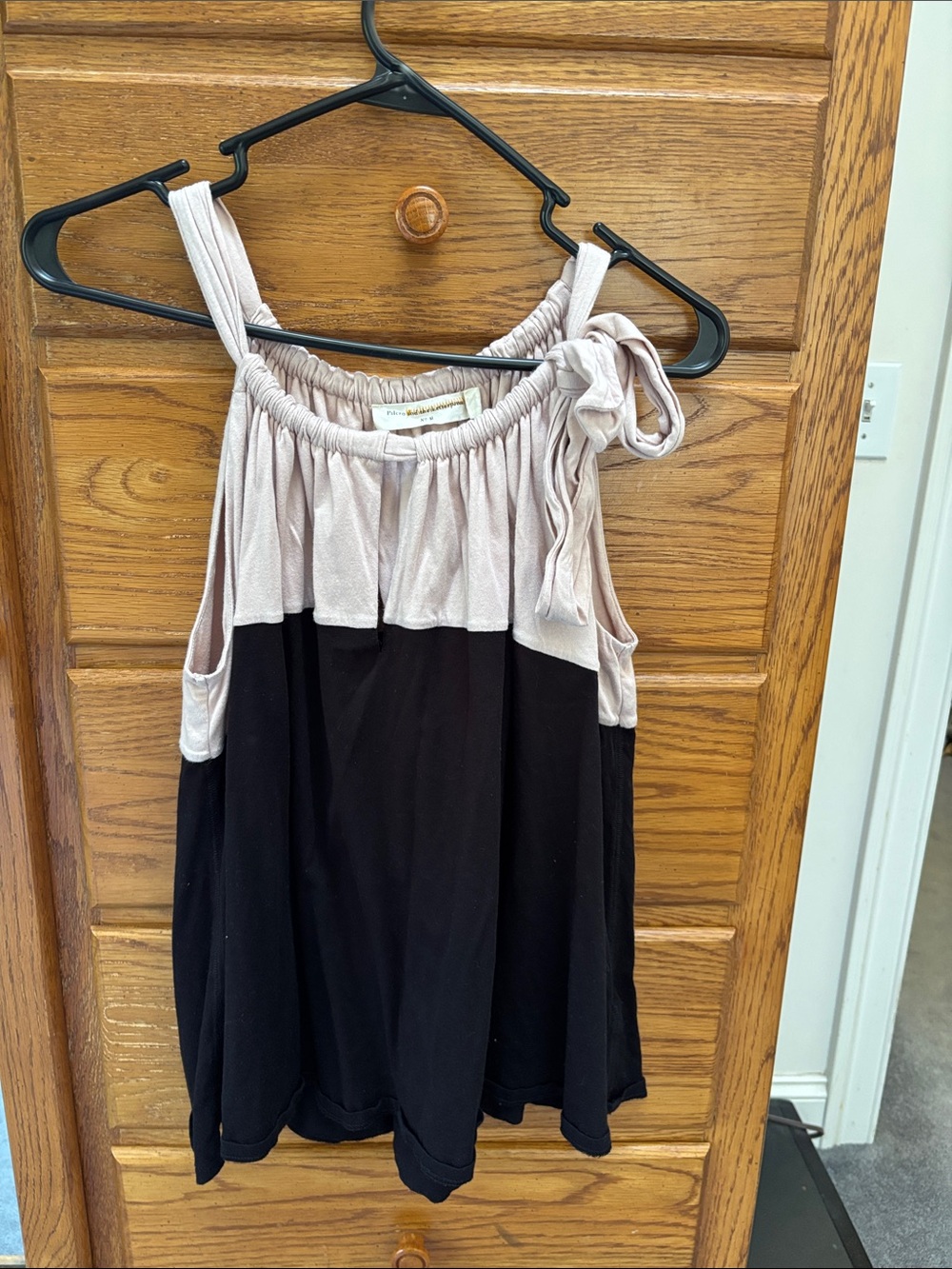 Pilcro and the Letterpress Two-Tone Black and Light Pink Tie-Shoulder Tank